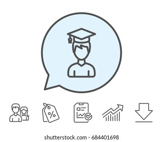 Man in Graduation cap line icon. Education sign. Student hat symbol. Report, Sale Coupons and Chart line signs. Download, Group icons. Editable stroke. Vector