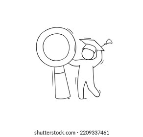 Man in graduation cap with magnifying glass. Concept of paperwork, education with doodle person reads with loupe, vector hand drawn illustration