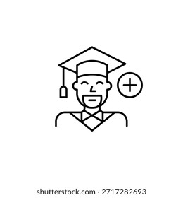 Hombre con gorra de graduación y símbolo plus. Nuevo grado, éxito académico y Mejorar en educación. Icono de Vector de trazo perfecto y editable