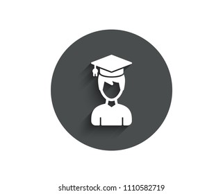 Man in Graduation cap simple icon. Education sign. Student hat symbol. Circle flat button with shadow. Vector