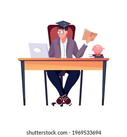 Man in graduation cap studying with book laptop and piggy bank on desk flat composition vector illustration