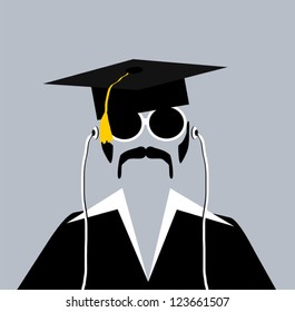 man with graduation cap and sunglasses wearing earphones