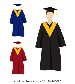 Man in graduation ceremonial clothing. Set of graduate hats, academic squares or student caps and mantles in different colors. Vector isolated on white