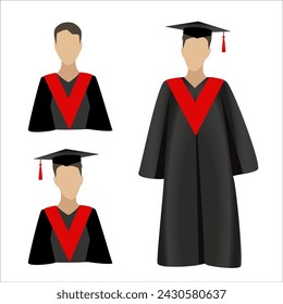 Hombre con ropa ceremonial de graduación. Conjunto de sombreros de posgrado, plazas académicas o gorras de estudiantes y mantos en diferentes colores. Vector aislado en blanco