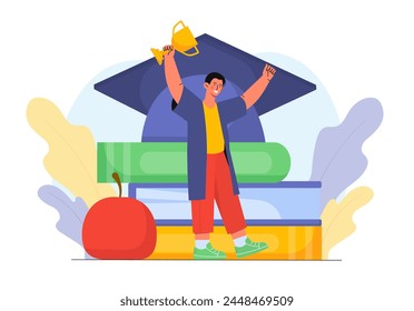 Man with graduation concept. Guy with golden trophy near graduate hat. Education and learning. Successful student and young specialist. Cartoon flat vector illustration isolated on white background