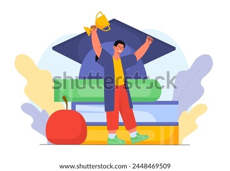 Man with graduation concept. Guy with golden trophy near graduate hat. Education and learning. Successful student and young specialist. Cartoon flat vector illustration isolated on white background