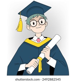 A man in a graduation gown holding a diploma. Concept of accomplishment and pride in one's academic achievements