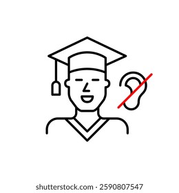 Man in graduation hat and ear crossed out. Text-based education, hearing-impaired accessibility education through text, sign language, or visual materials. Pixel perfect, editable stroke vector icon