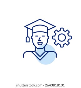 Man in graduation hat. Education settings, academic management, graduation process control, student profile configuration, learning system optimization. Pixel perfect, editable stroke vector icon