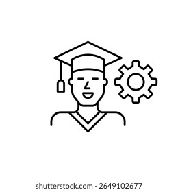 Man in graduation hat. Education settings, academic management, graduation process control, student profile configuration, learning system optimization. Pixel perfect, editable stroke vector icon