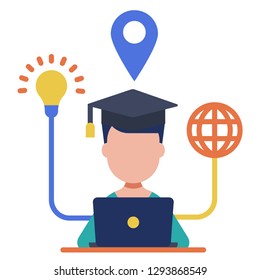 A man with graduation hat in front of laptop vector illustration in flat color design