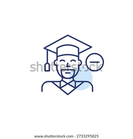 Man in graduation hat and minus symbol. Achievement cancelled, degree unavailable. Pixel perfect, editable stroke vector icon