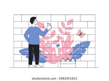 Man with graffiti. Young guy draws pink flower on brick wall. Vandalism and hooliganism. Painting at home, street art and youth culture. Linear vector illustration isolated on white background