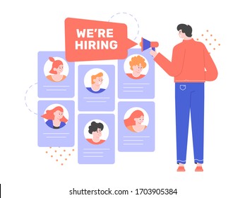 Man with a gramophone, we are hiring text and cards of candidates for the post. Search for new employees, human resources, headhunting. Concept vector flat illustration.