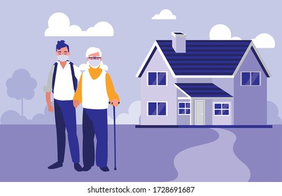 Man and grandfather with masks outside house design of Covid 19 virus theme Vector illustration