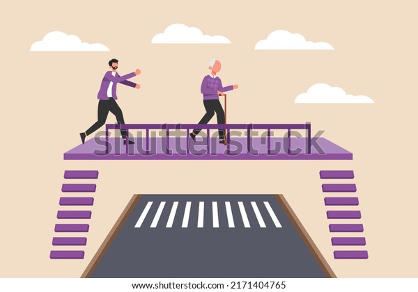a man and\
grandpa are crossing the pedestrian bridge. Road or traffic\
concept. Flat vector illustration isolated.\
