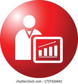 man with graph button icon web symbol for web computer and mobile with shining red round