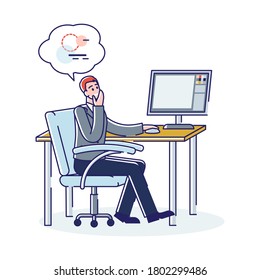 Man graphic designer thinking at website design decision and ux interface at workplace. Seo specialist analyzing web site. Creative manager working. Cartoon linear vector illustration