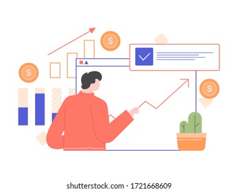 Man and graphs, charts. Personal finance planning, investments and savings. Up arrow, revenue growth. Vector flat illustration.