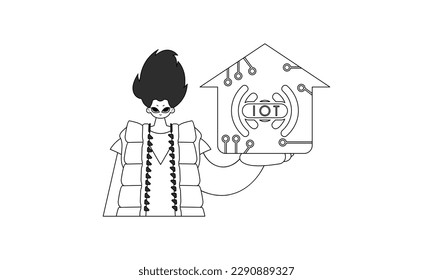 Man grasping IoT icon, vector format straight line look
