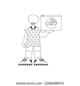 Man grasping IoT logo, in vector line art