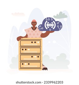 Man ergreift das IoT-Symbol inmitten einer Serverorganisation, symbolisiert die Interkonnektivität und die mechanischen Fortschritten der Advanced Times.