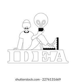 Man grasping a lightbulb; symbolizing insight and innovation. Linear vector illustration.
