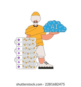 Man grasping a robotic brain, illustrated in vector format.
