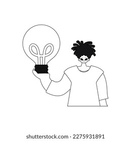 Un hombre agarra una bombilla, simbolizando ideas. Dibujado en una ilustración vectorial de estilo lineal simplista.