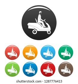 Man at grass machine icons set 9 color vector isolated on white for any design