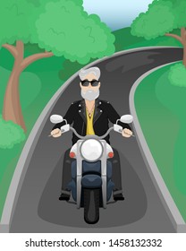 A man with gray hair and a beard on a motorcycle. A man in sunglasses and a leather jacket.