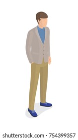 Man in gray jacket, green trousers, blue shoes holds hand in pocket vector isolated on white. Student or college boy cartoon character, stylish guy