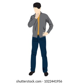 A man in a gray jacket and jeans is standing in meditation, his hands to his head. Flat vector illustration, abstract silhouette isolated on white background