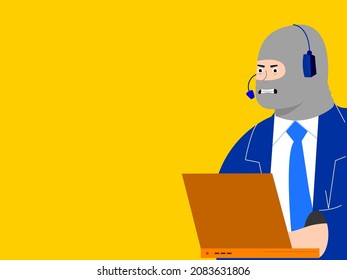 Man with a gray mask or masked man dressed in a blue suit, is sitting in front of his laptop with the intention of coneter an internet crime