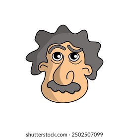 Man with gray mustache and long curly hairs with questioning look