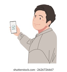 A man in a gray shirt is proudly showing a successful transaction on his smartphone