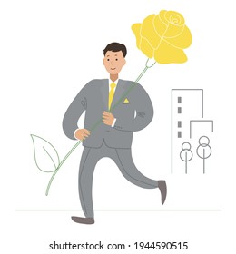 A man in a gray suit runs with a huge yellow rose. Postcard. Illustration with thin lines