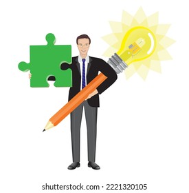 Man with great idea and solution.  Holding pencil with light bulb and green jigsaw piece. Isolated on white. Vector illustration.