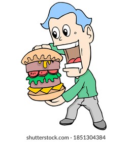 un hombre es avaricioso queriendo comer una hamburguesa grande. emoticono de mascota de ilustraciones de dibujos animados