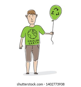 Man with green air balloon and recycle sign vector illustration. Recycling sketched art. Save the earth graphic design
