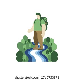 Man with green backpack standing on a trail beside a flowing river in a lush forest