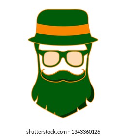 Man in a a green beard and a hat with glasses. Character for St. Patrick's Day. Icon flat vector.Isolated on a white background.