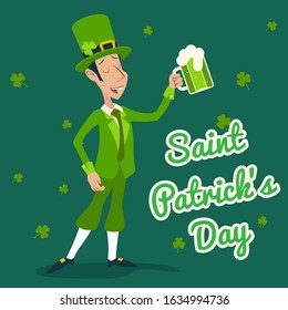 Man with green beer Saint Patric day festival celebration cartoon character design vector illustration