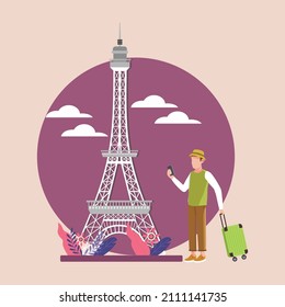 Man with green cap going to Eiffel Tower in Paris. Travelling day. Vector colorful illustration.