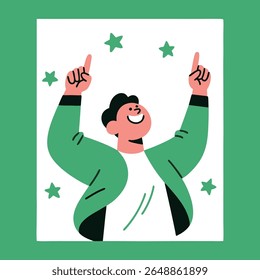 Man in green clothes pointing up with both hands, having an idea, vector illustration