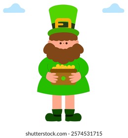 man in green costume holding pot of gold st. patrick’s day flat vector illustration	
