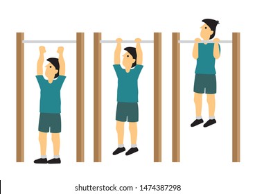 Man in green doing pull-up exercise in three steps. Flat isolated vector illustration.