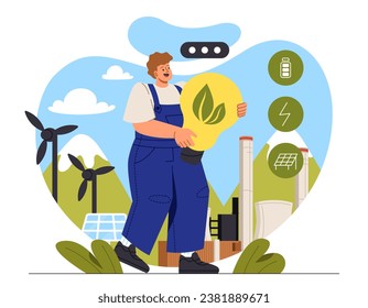 Man with green energy concept. Young guy with light bulb and leaves. Care about nature and ecology. Sustainable lifestyle. Cartoon flat vector illustration isolated on white background