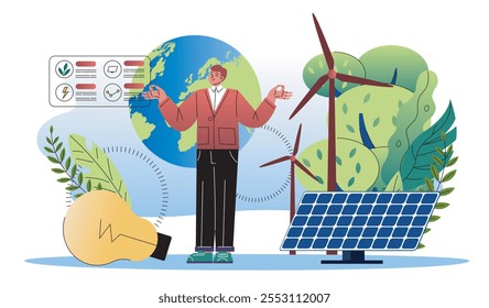 Homem com energia verde. Jovem perto de painéis solares e moinhos de vento Cuidar da ecologia e do meio ambiente. Fontes de energia alternativas. Ilustração de vetor plano isolada no plano de fundo branco