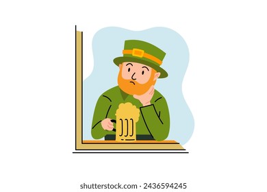 Un hombre con sombrero verde está bebiendo cerveza y soñando despierto. Ilustración para el Día de San Patricio, vacaciones irlandesas